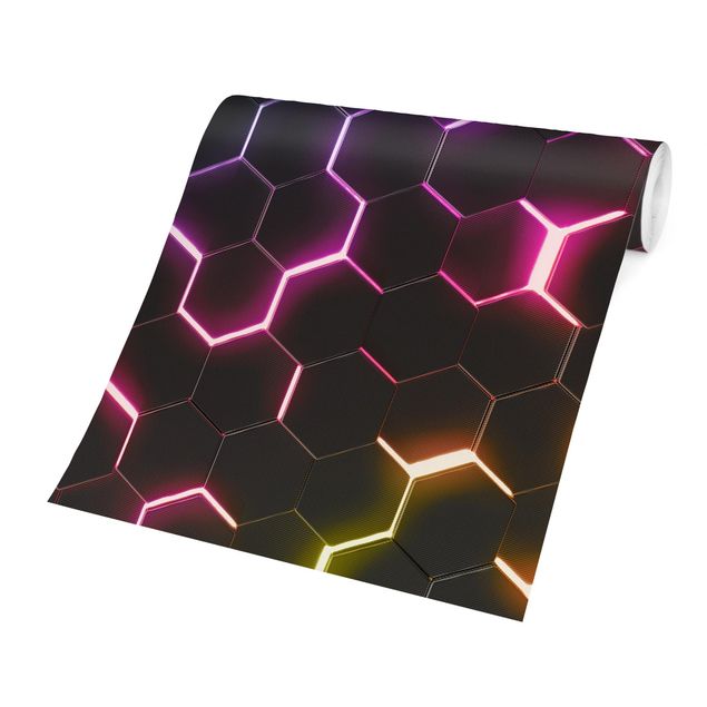 Schwarze Tapeten Strukturierte Hexagone mit Neonlicht