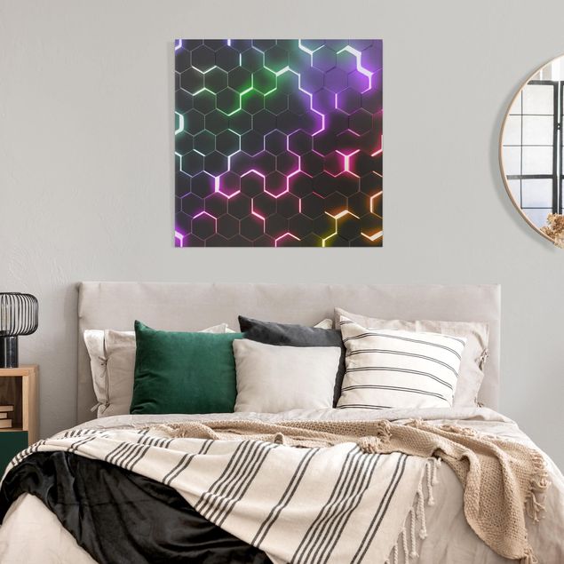 Leinwandbilder Wohnzimmer modern Strukturierte Hexagone mit Neonlicht