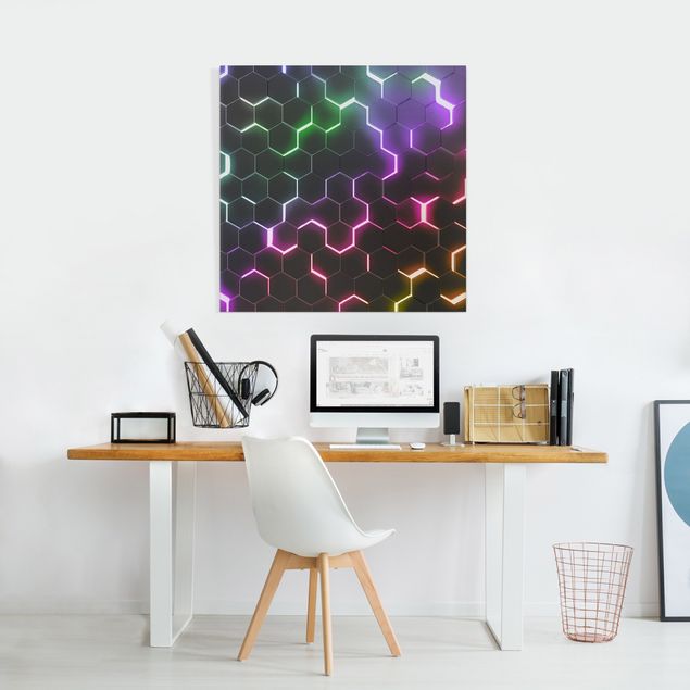 Schöne Wandbilder Strukturierte Hexagone mit Neonlicht