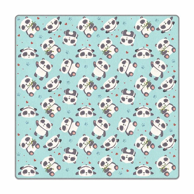 Waschbare Teppiche Süße Pandabären mit Tapsen und Herzen Pastellblau
