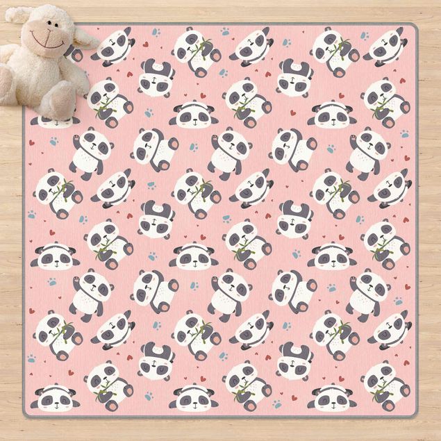 Teppich Bamboo Süße Pandabären mit Tapsen und Herzen Pastellrosa