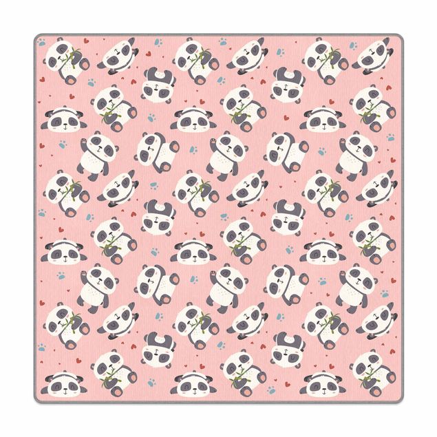 Waschbare Teppiche Süße Pandabären mit Tapsen und Herzen Pastellrosa
