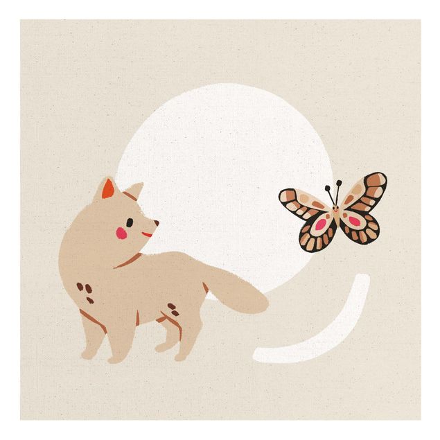 Wandbilder Süße Tierillustration - Katze und Schmetterling