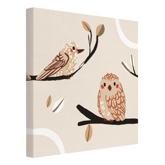 Leinwandbild Natur - Süße Tierillustration - Vogel und Eule - Quadrat 1:1
