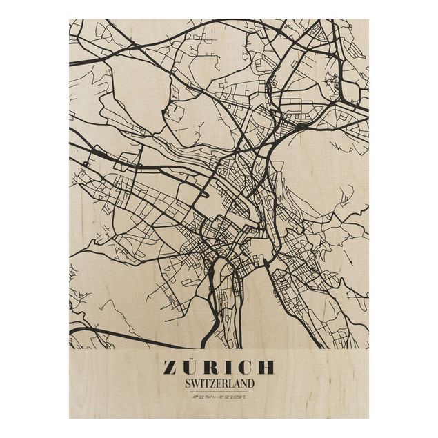 Holzbilder Spruch Stadtplan Zürich - Klassik