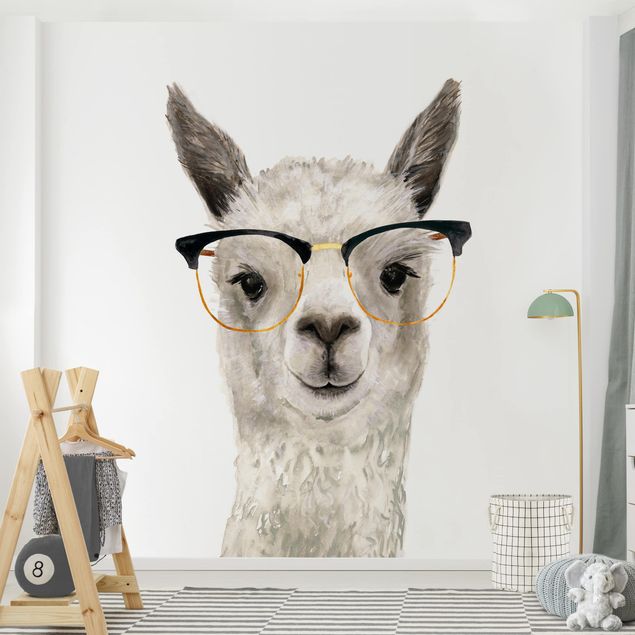 Tapeten weiß Hippes Lama mit Brille I