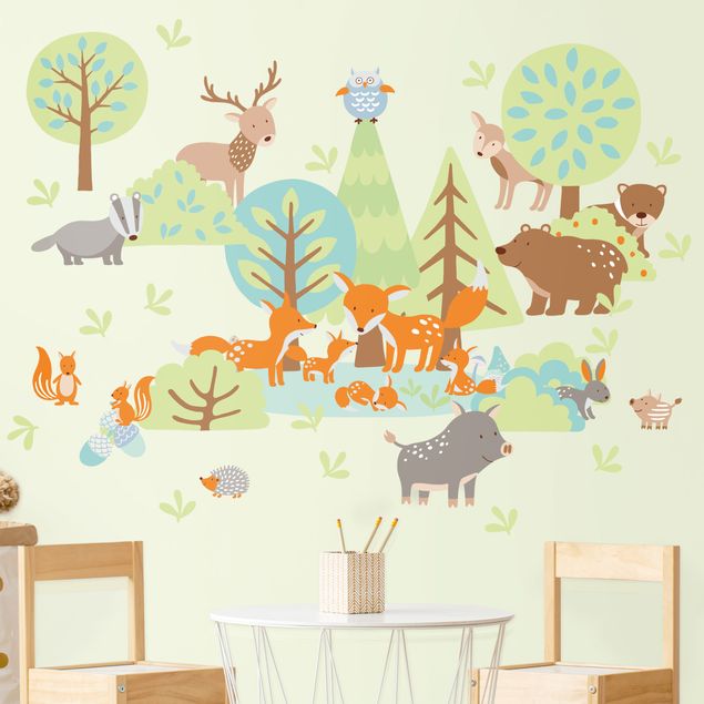 Wandtattoo - Tierfamilien Mega-Set mit Füchsen und Bäumen