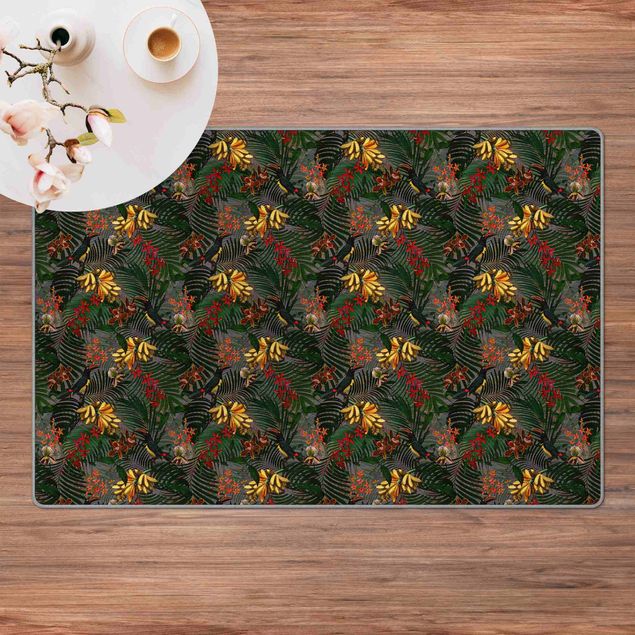 Teppich Blumen Tropische Farne mit Tucan Grün
