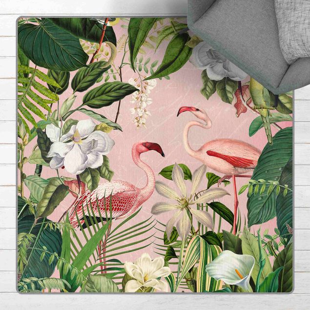 Moderne Teppiche Tropische Flamingos mit Pflanzen in Rosa