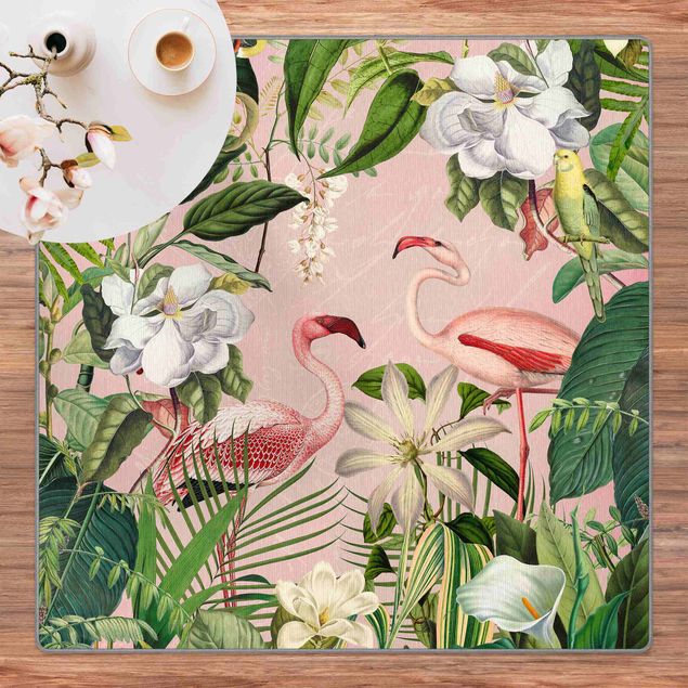 Teppich Blumen Tropische Flamingos mit Pflanzen in Rosa