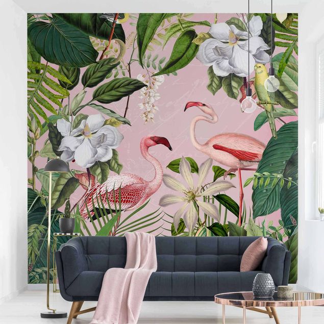 Fototapete Dschungel Tropische Flamingos mit Pflanzen in Rosa