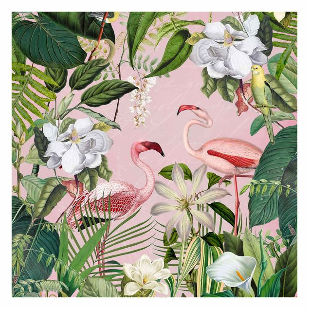 Moderne Tapeten Tropische Flamingos mit Pflanzen in Rosa