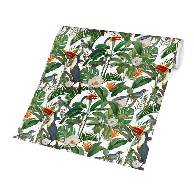Tapeten Muster Tropischer Tukan mit Monstera und Palmenblättern