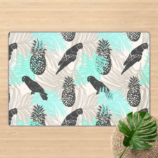 Teppich modern Tropisches Muster mit Ananas und Papageien Türkis