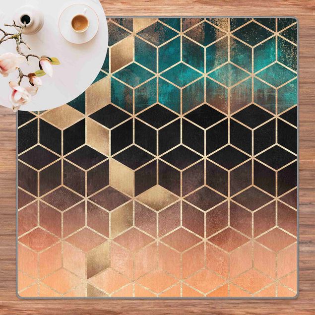 Teppich modern Türkis Rosé goldene Geometrie