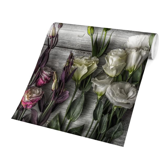 Schlafzimmer Tapete Grau Tulpen-Rose Shabby Holzoptik
