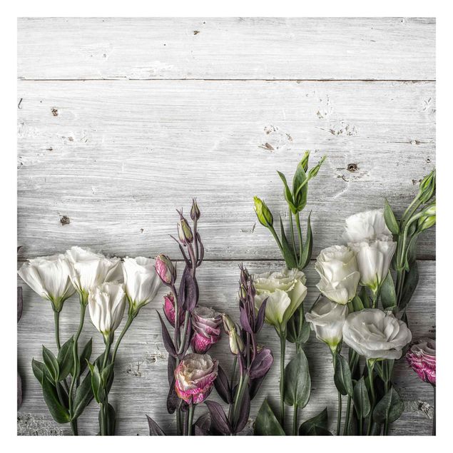 Wandtapete Design Tulpen-Rose Shabby Holzoptik