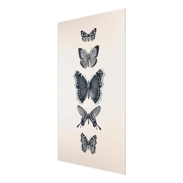 Glasbild - Tusche Schmetterlinge auf Beige - Hochformat