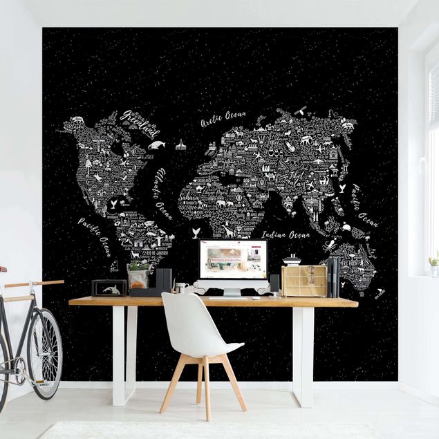 Fototapete Schwarz-Weiß Typografie Weltkarte schwarz
