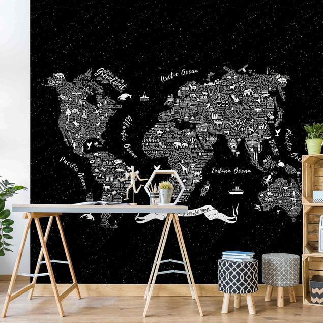 Wandtapete Weltkarte Typografie Weltkarte schwarz