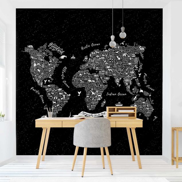 Wandtapete schwarz Typografie Weltkarte schwarz