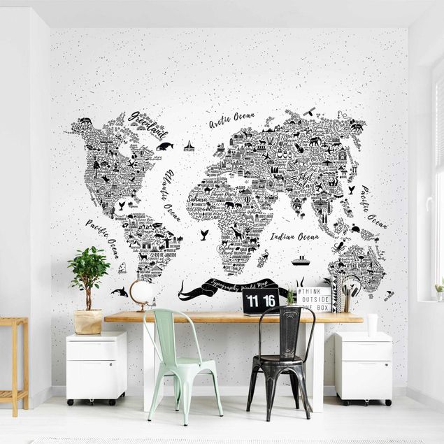 Tapete Schwarz-Weiß Typografie Weltkarte weiß