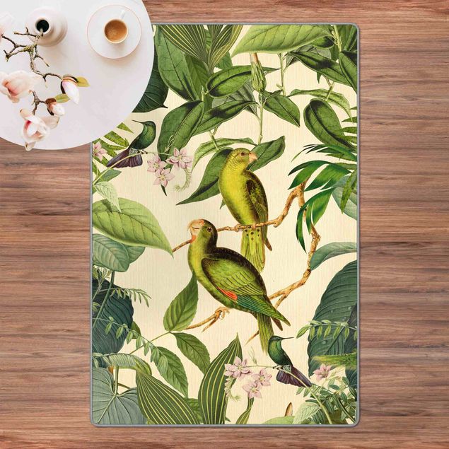 Teppich Blumen Vintage Collage - Papageien im Dschungel