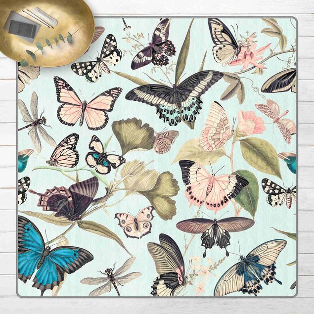 Moderne Teppiche Vintage Collage - Schmetterlinge und Libellen
