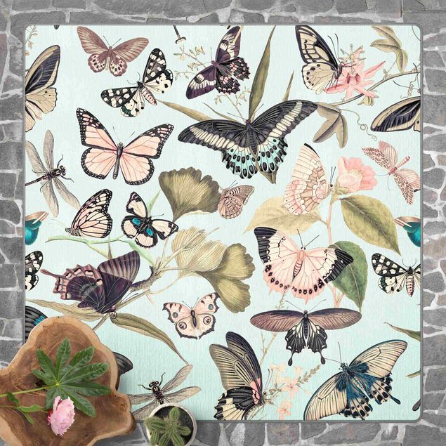 Teppich Blumen Vintage Collage - Schmetterlinge und Libellen