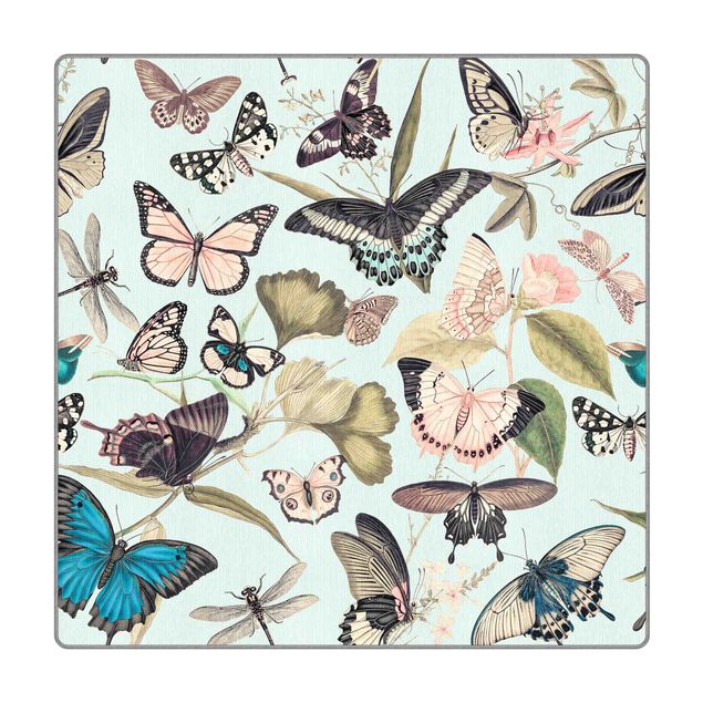 Teppich Natur Vintage Collage - Schmetterlinge und Libellen