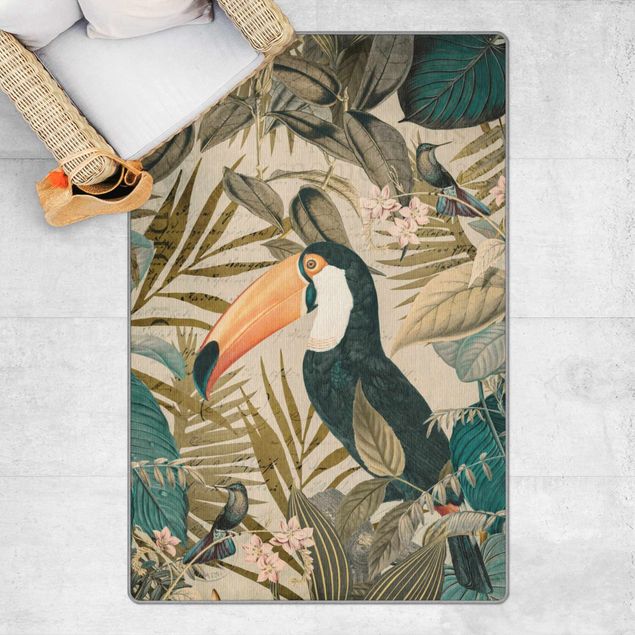 Moderne Teppiche Vintage Collage - Tukan im Dschungel