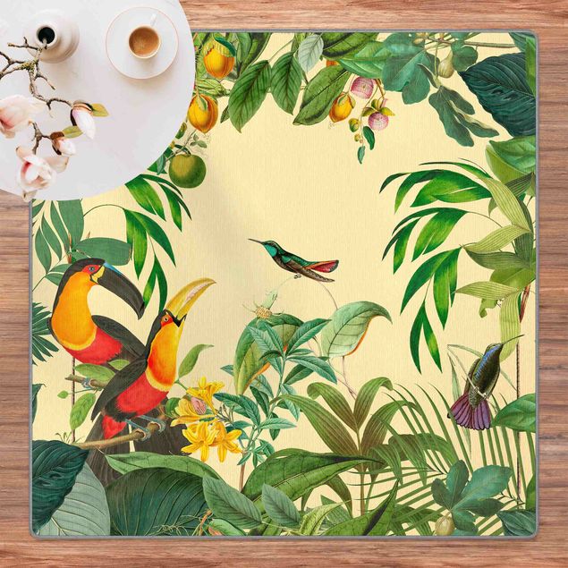 Teppich Blumen Vintage Collage - Vögel im Dschungel
