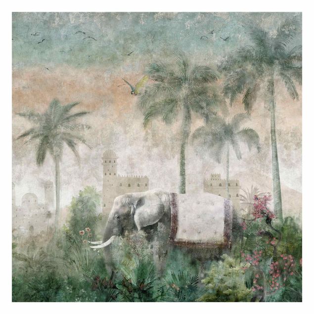 Fototapete Design Vintage Dschungel Szene mit Elefant
