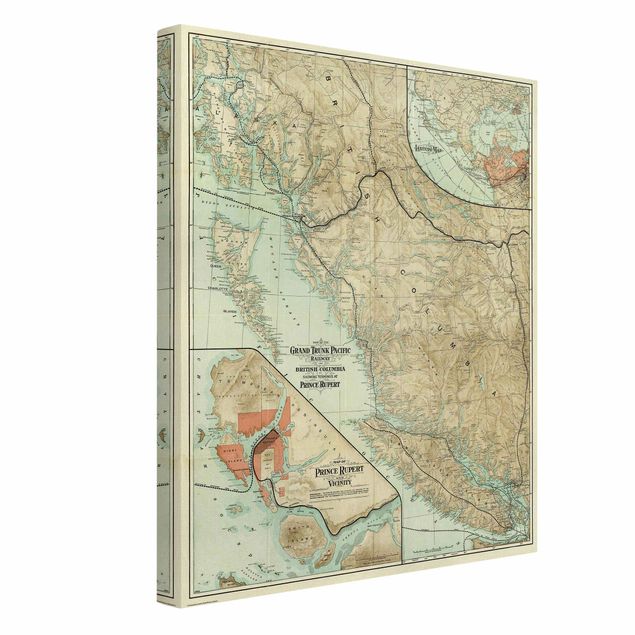 Leinwandbild - Vintage Karte British Columbia - Hochformat 3:4