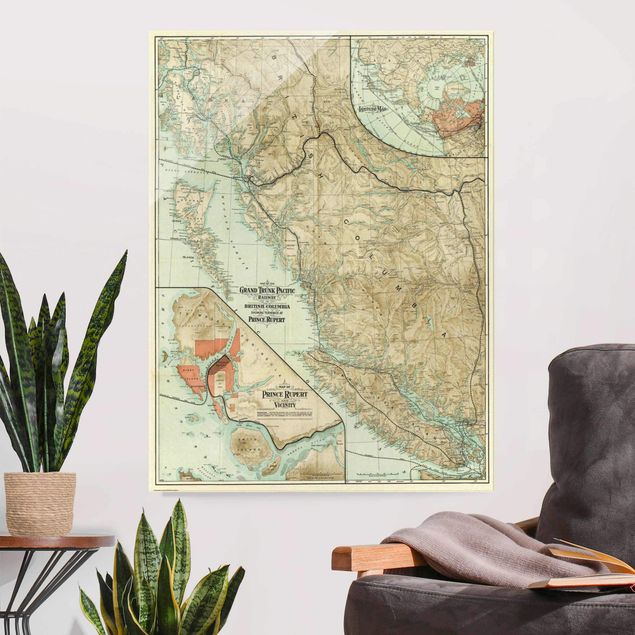 Glasbilder XXL Vintage Karte British Columbia