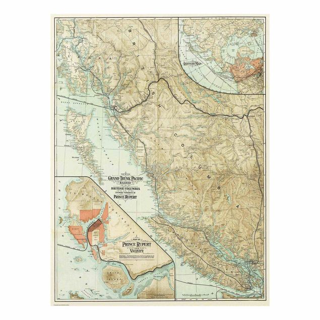 Glasbilder Vintage Karte British Columbia