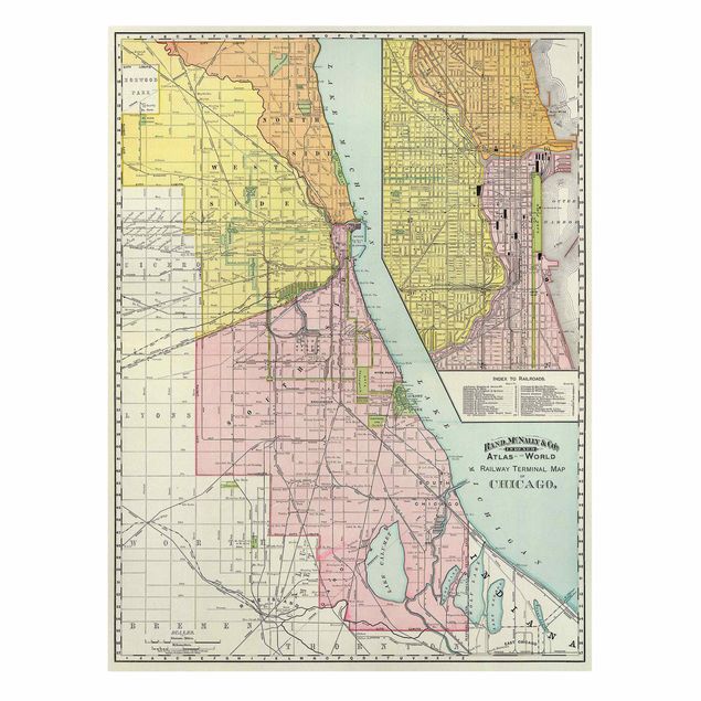 Leinwandbild - Vintage Karte Chicago - Hochformat 3:4