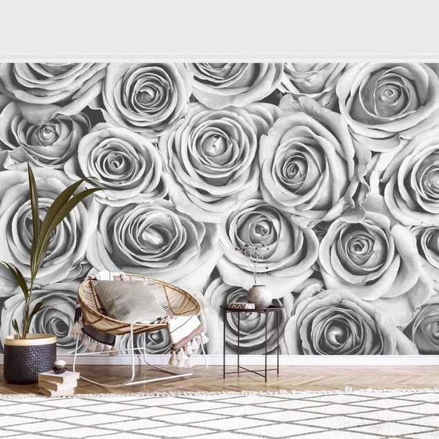 Tapete Blumen Vintage Rosen Schwarz-Weiß