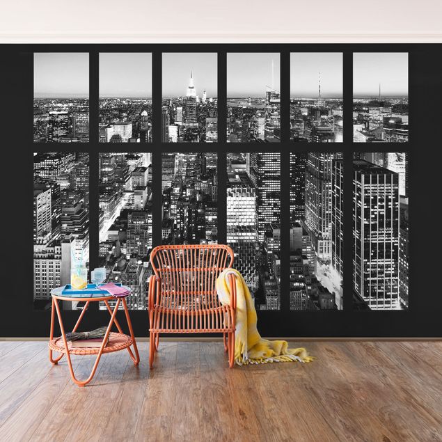 3D Tapeten Fensterblick Manhattan Skyline schwarz-weiß