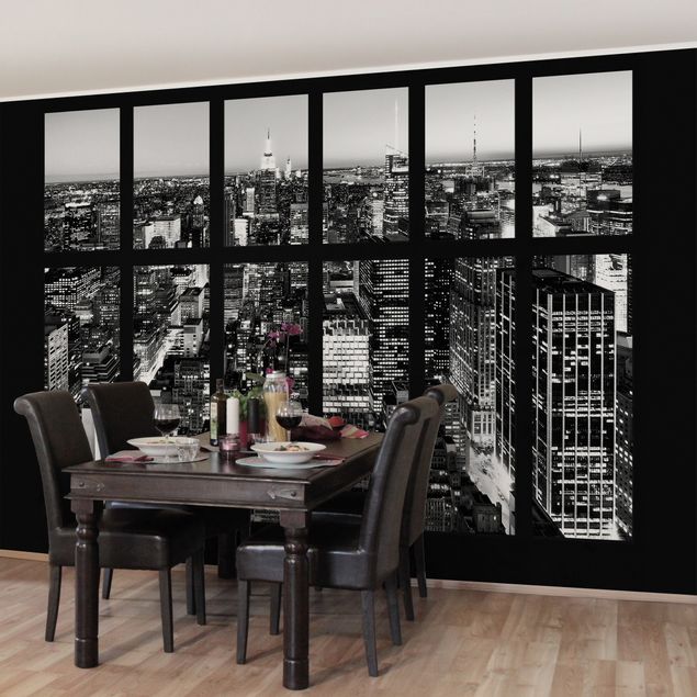Fototapete modern Fensterblick Manhattan Skyline schwarz-weiß