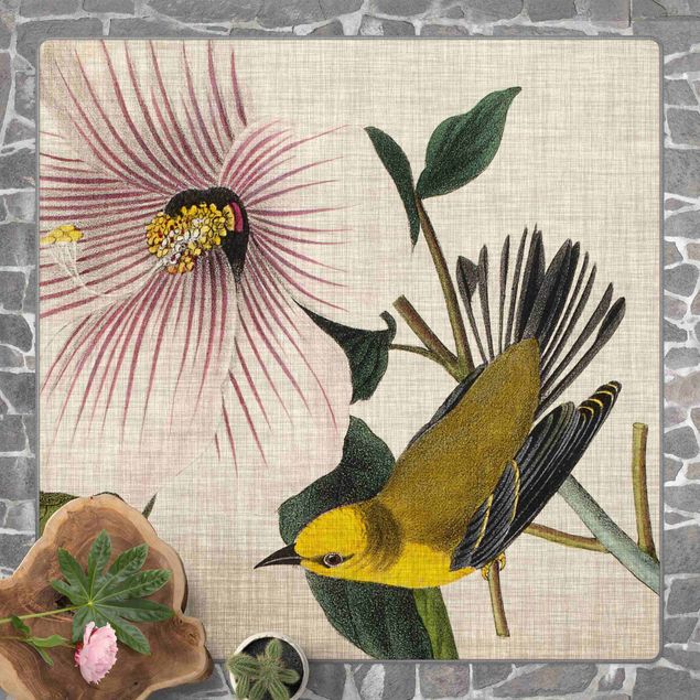 Teppich Blumen Vogel auf Leinen Gelb I