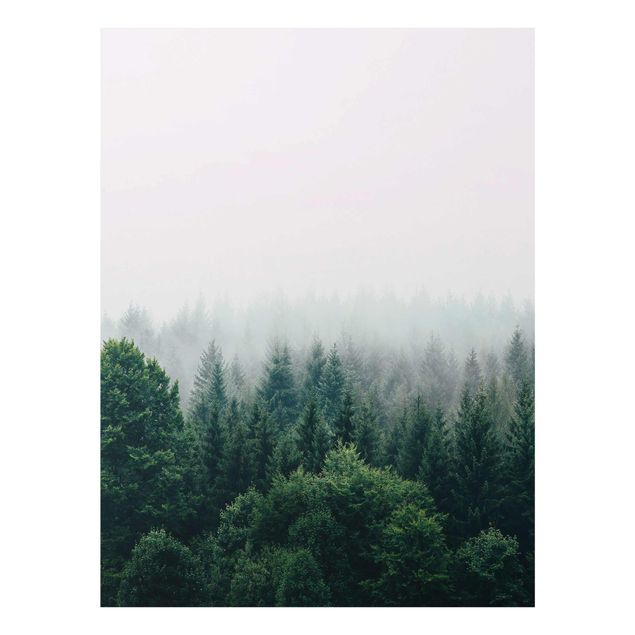 Glasbild - Wald im Nebel Dämmerung - Hochformat