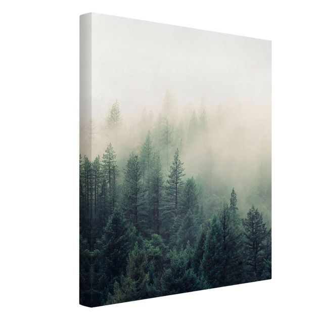 Leinwandbild - Wald im Nebel Erwachen - Hochformat 3:4