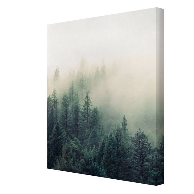 Leinwandbild - Wald im Nebel Erwachen - Hochformat 3:4