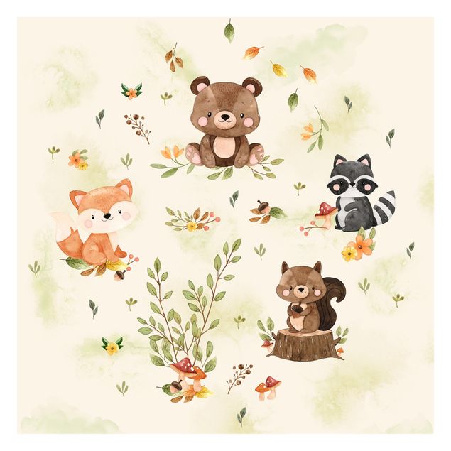 Design Tapete Waldtiere Herbst Fuchs Bär Eichhörnchen Waschbär