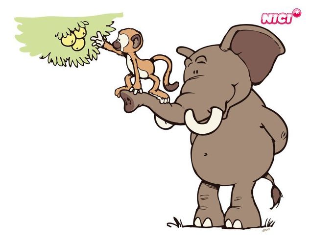 Wandtattoo Zoo NICI - Wild Friends - Elefant und Affe pflücken vom Baum