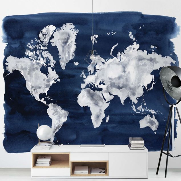 Tapete blau Wasser-Weltkarte dunkel