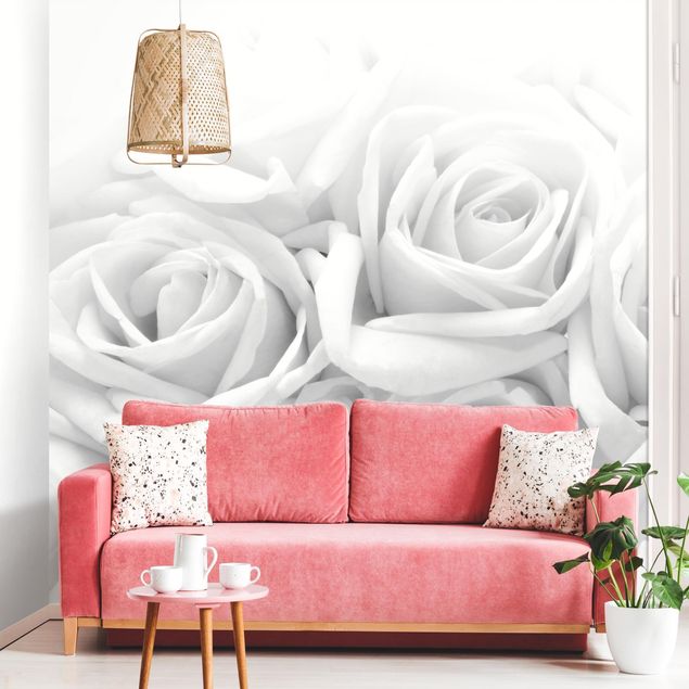 Romantische Schlafzimmer Tapete Weiße Rosen Schwarz-Weiß