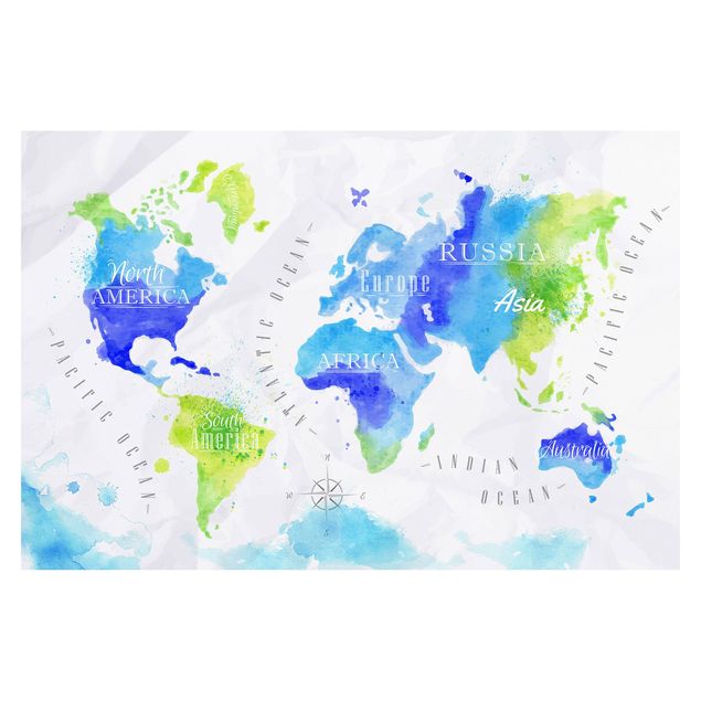 Wandtapete Design Weltkarte Aquarell blau grün