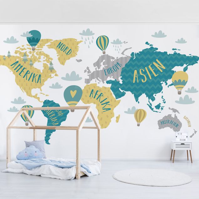Design Tapete Weltkarte mit Heißluftballon